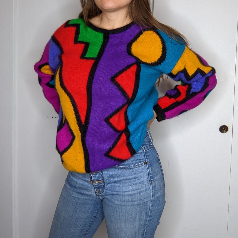 90's Colorblock Angora Geometric Sweater - Picture 5 of 14